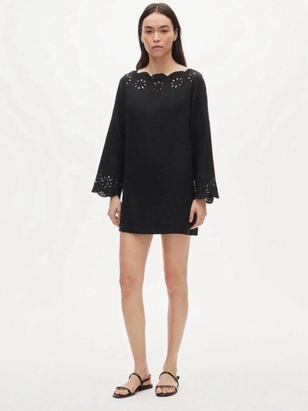 J.Crew Scallop-Trim Eyelet Popover Dress Eyelet Mini Dress Black Sz S NWT